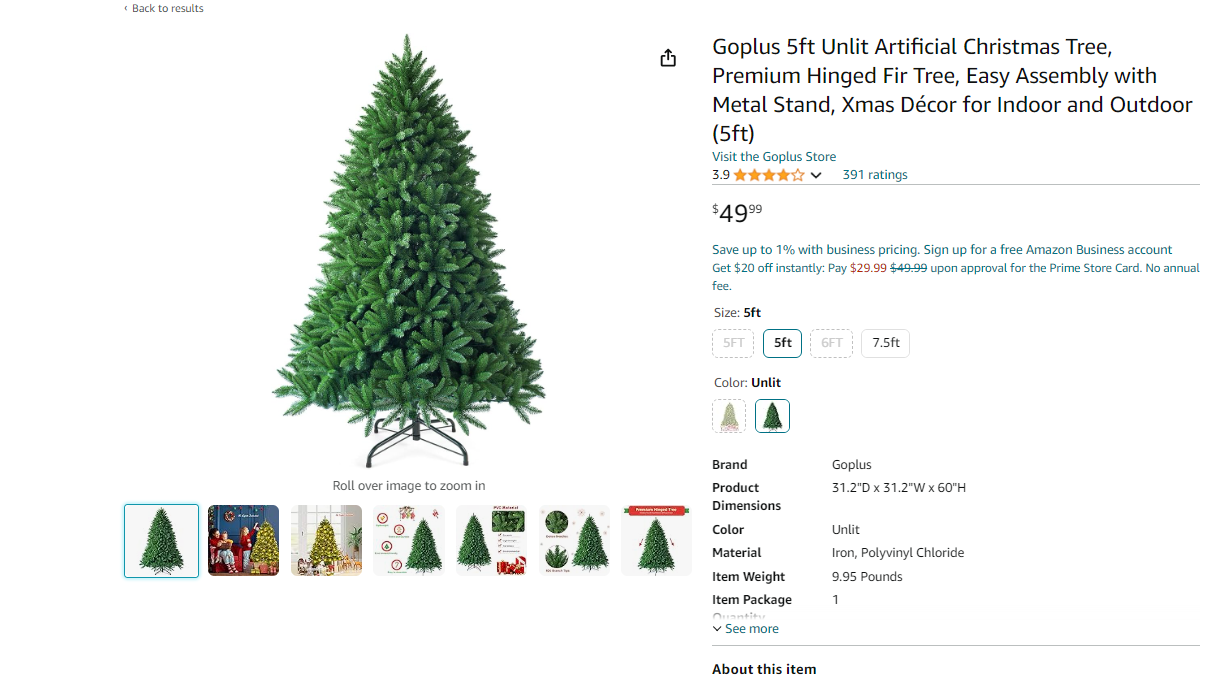 Goplus 5 ft. Green Unlit Artificial Christmas Tree