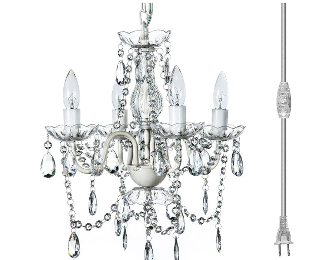 gypsy color The Original Brink House Plug-in 4 Light Crystal White Hanging Chandelier H17.5”xW15”, White Metal Frame with Clear Glass Stem and Acrylic Crystals