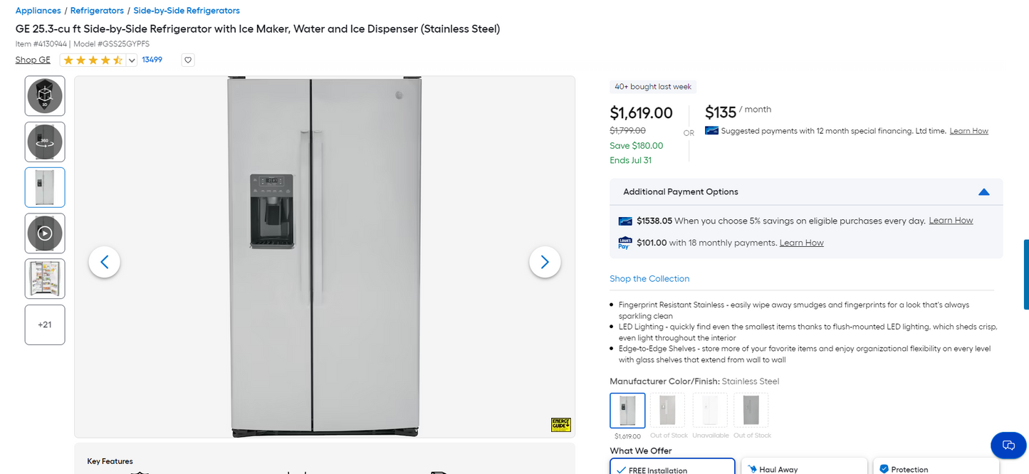 GE 25.3 cu. ft. Side-by-Side Refrigerator in White, Standard Depth ‎GSS25GGPWW