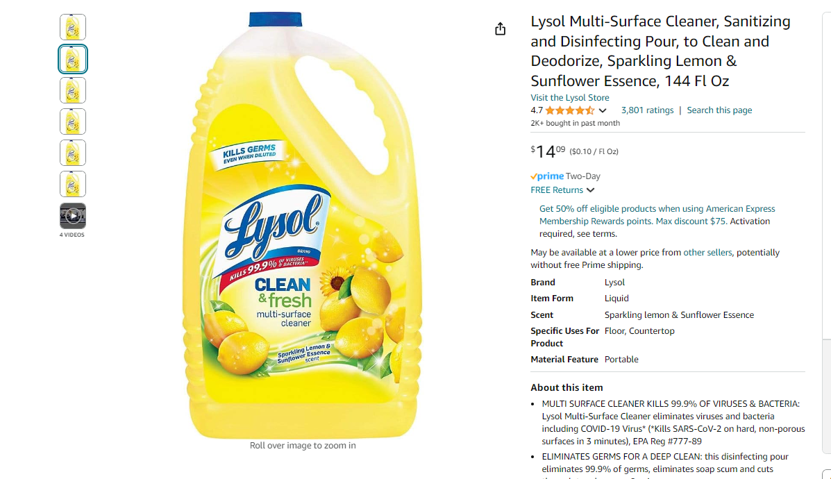 Lysol Multi-Surface Cleaner, Sanitizing and Disinfecting Pour, to Clean and Deodorize, Sparkling Lemon and Sunflower Essence, 144 Fl Oz