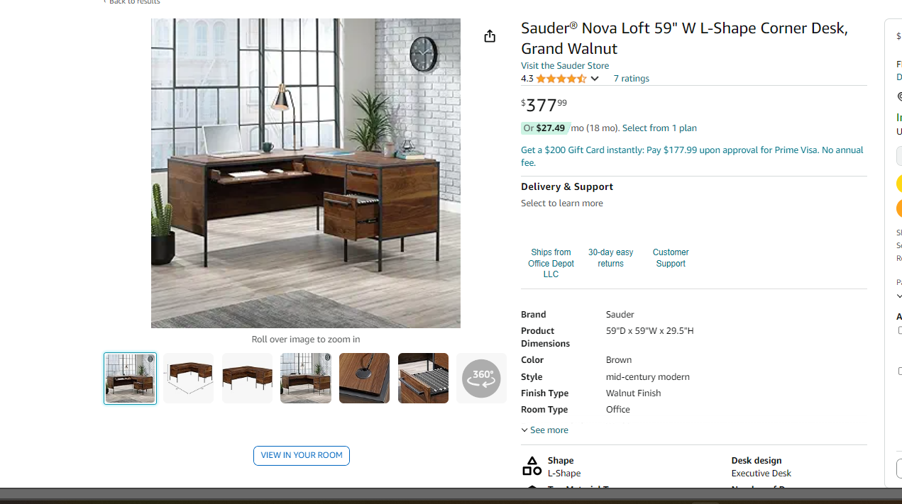 Sauder Nova Loft 59" W L-Shape Corner Desk, Grand Walnut