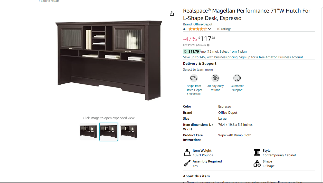 Realspace® Magellan Performance 71"W Hutch For L-Shape Desk, Espresso