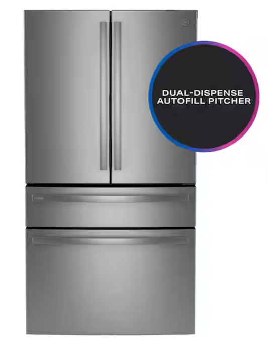 GE Profile 28.7 cu. ft. 4-Door French Door Refrigerator in Stainless Steel with Dual-Dispense Autofill Pitcher PGE29BYTFS