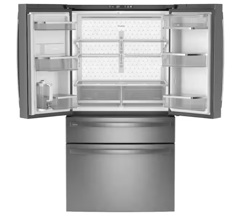 GE Profile 28.7 cu. ft. 4-Door French Door Refrigerator in Stainless Steel with Dual-Dispense Autofill Pitcher PGE29BYTFS