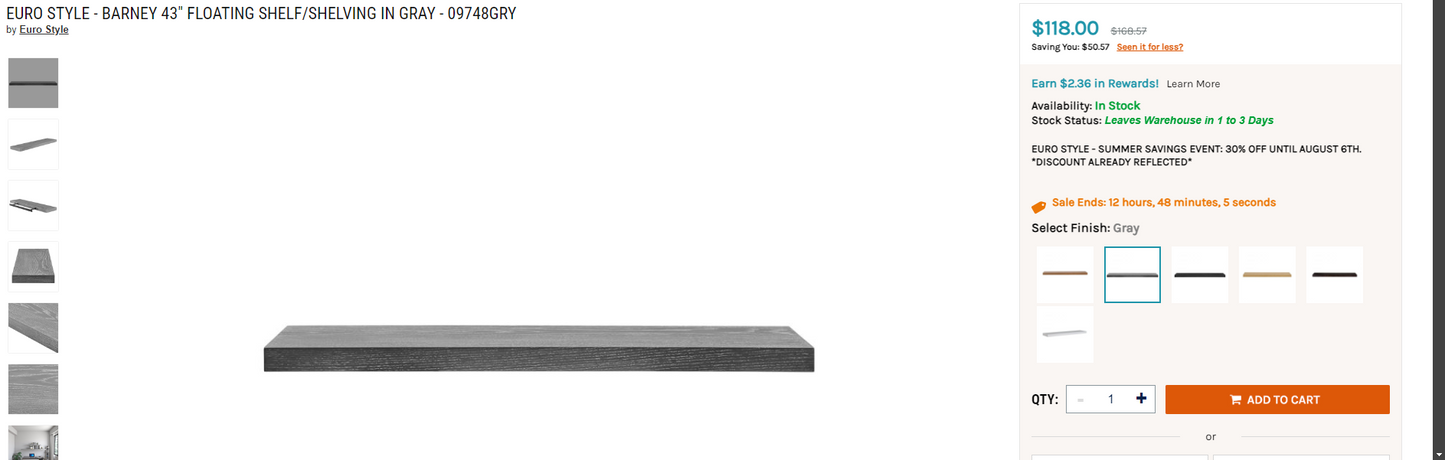 EURO STYLE Barney 43" Floating Shelf/Shelving in Gray Gray 10.24 x 43.31 x 1.97