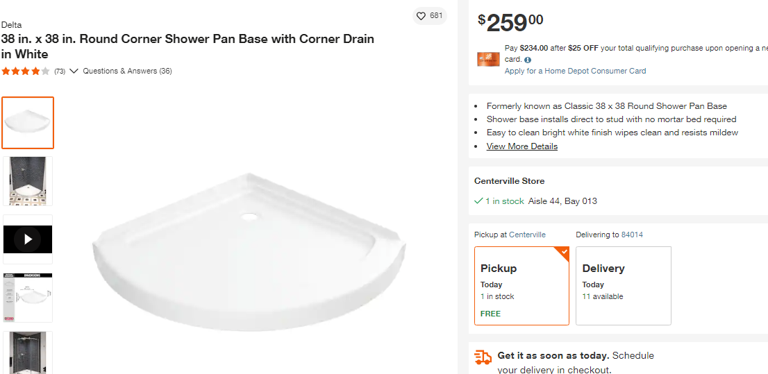 Delta 38 in. L x 38 in. Corner Shower Pan Base with Corner Drain in White Round