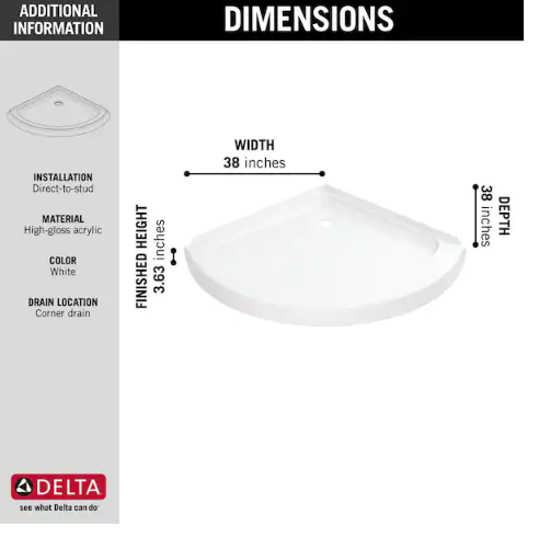 Delta 38 in. L x 38 in. Corner Shower Pan Base with Corner Drain in White Round