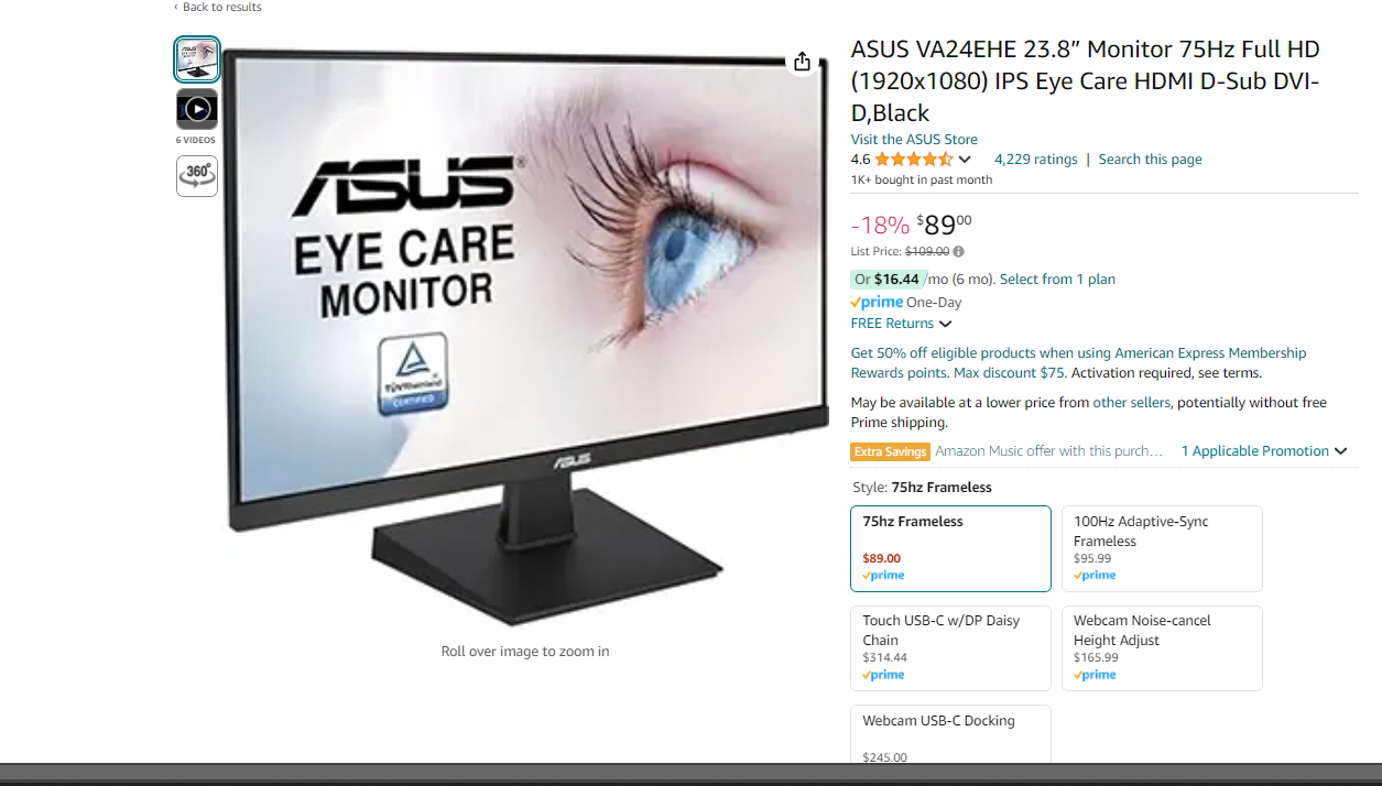 ASUS VA24EHE 23.8” Monitor 75Hz Full HD (1920x1080) IPS Eye Care HDMI D-Sub DVI-D,Black