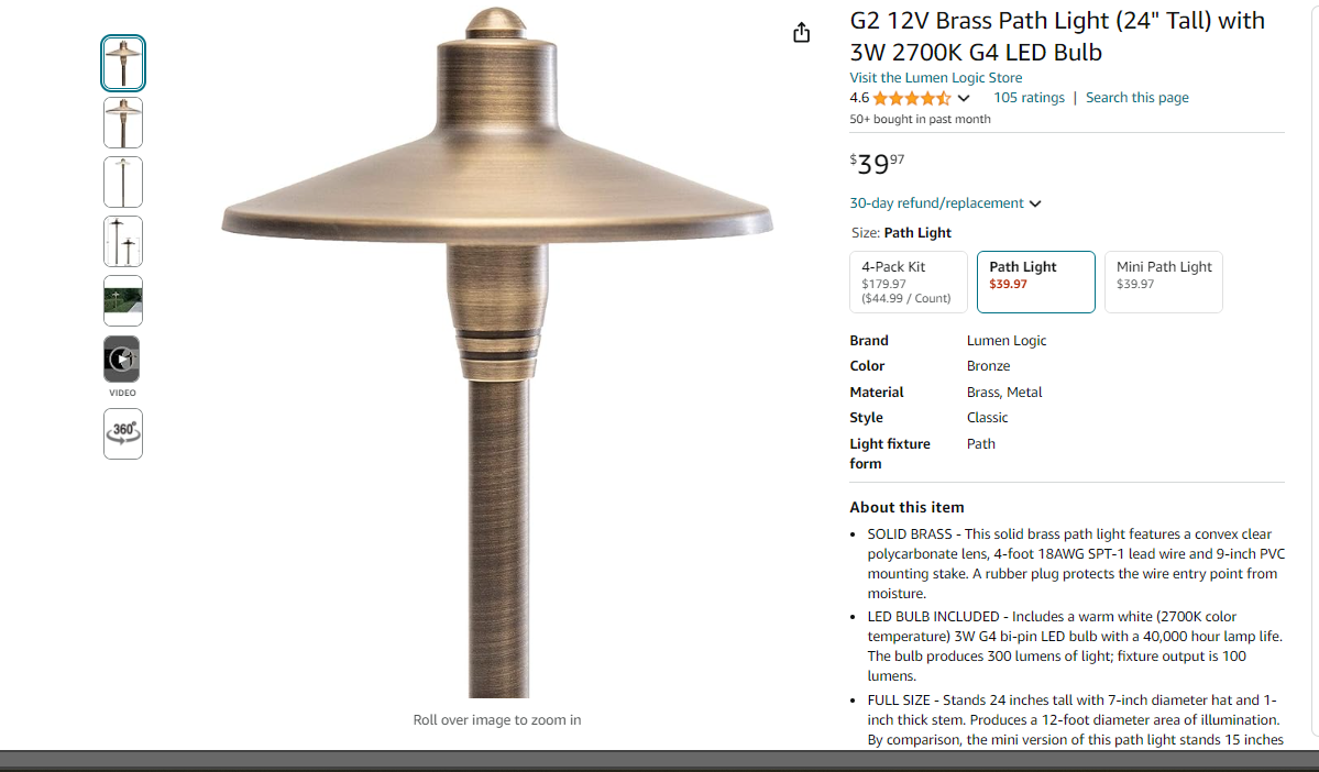 24" Stem, Brass with Bronze Finish - LED Landscape Lighting