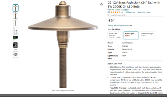 24" Stem, Brass with Bronze Finish - LED Landscape Lighting