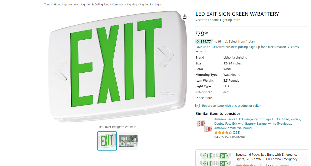 LED EXIT SIGN GREEN W/BATTERY