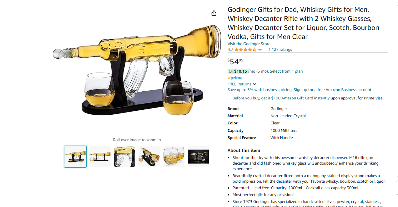 Godinger Gifts for Dad, Whiskey Gifts for Men, Whiskey Decanter Rifle with 2 Whiskey Glasses, Whiskey Decanter Set for Liquor, Scotch, Bourbon Vodka, Gifts for Men Clear