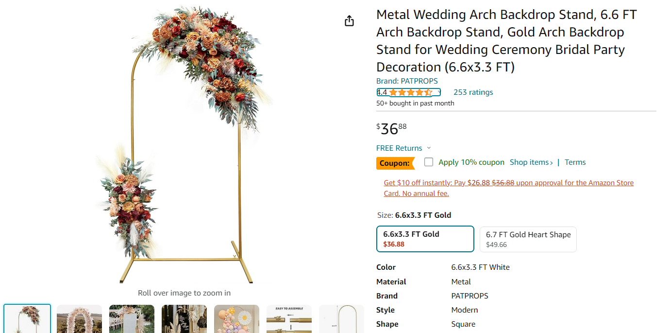 Metal Wedding Arch Backdrop Stand,Gold Arch Backdrop Stand for Wedding Ceremony Bridal Party Decoration(6.6x3.3 FT)