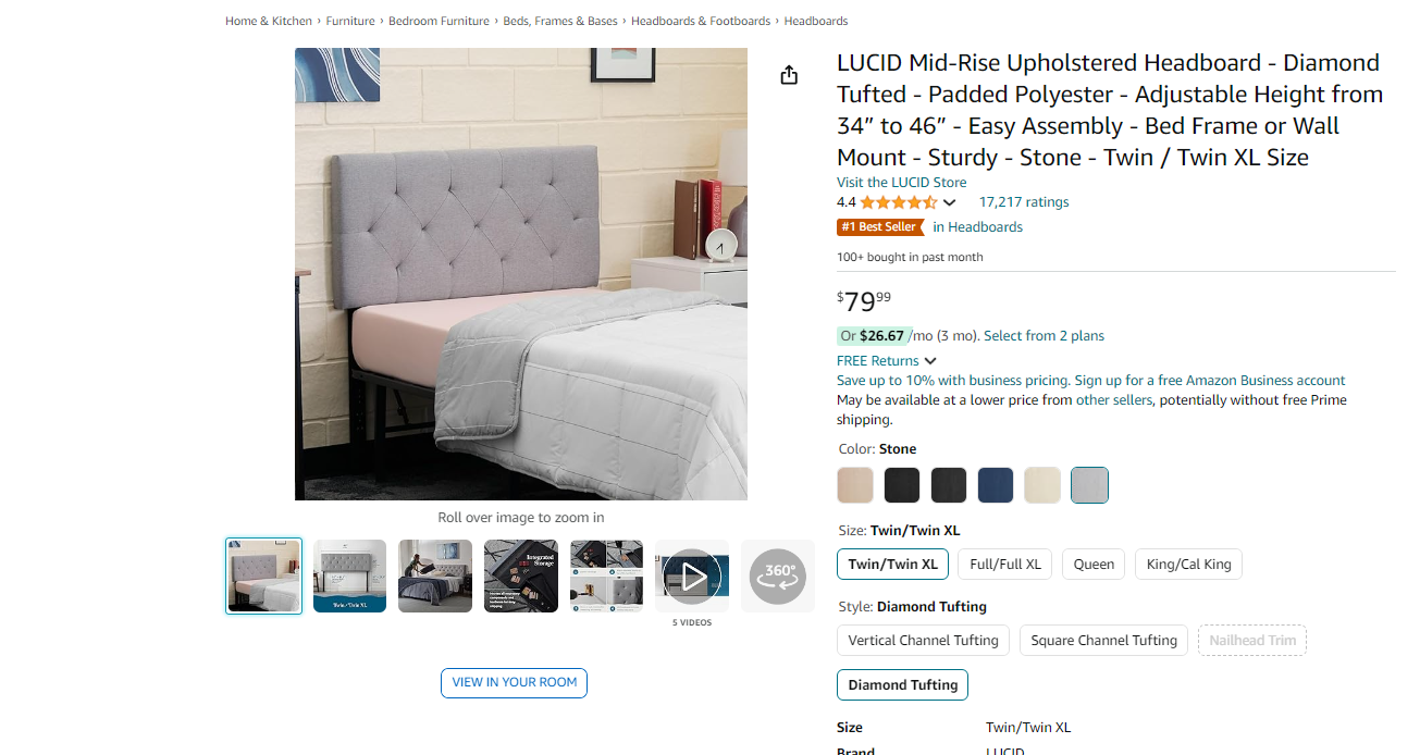 LUCID Mid-Rise Upholstered Headboard - Diamond Tufted - Padded Polyester - Adjustable Height from 34” to 46” - Easy Assembly - Bed Frame or Wall Mount - Sturdy - Stone - Twin / Twin XL Size