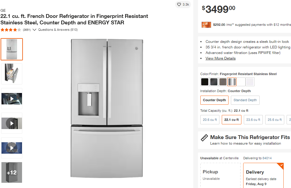 GE® 22.1 cu. ft. French Door Refrigerator in Fingerprint Resistant Stainless Steel, Counter Depth and ENERGY STAR GYE22GYNFS