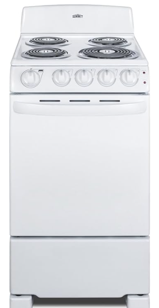 Summit Appliance RE203W 20" Wide Electric Coil Range, 4-Burner, Porcelain Interior, Chrome Drip Pans (White, 20-Inch)