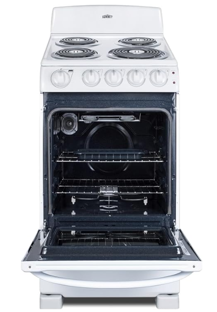 Summit Appliance RE203W 20" Wide Electric Coil Range, 4-Burner, Porcelain Interior, Chrome Drip Pans (White, 20-Inch)