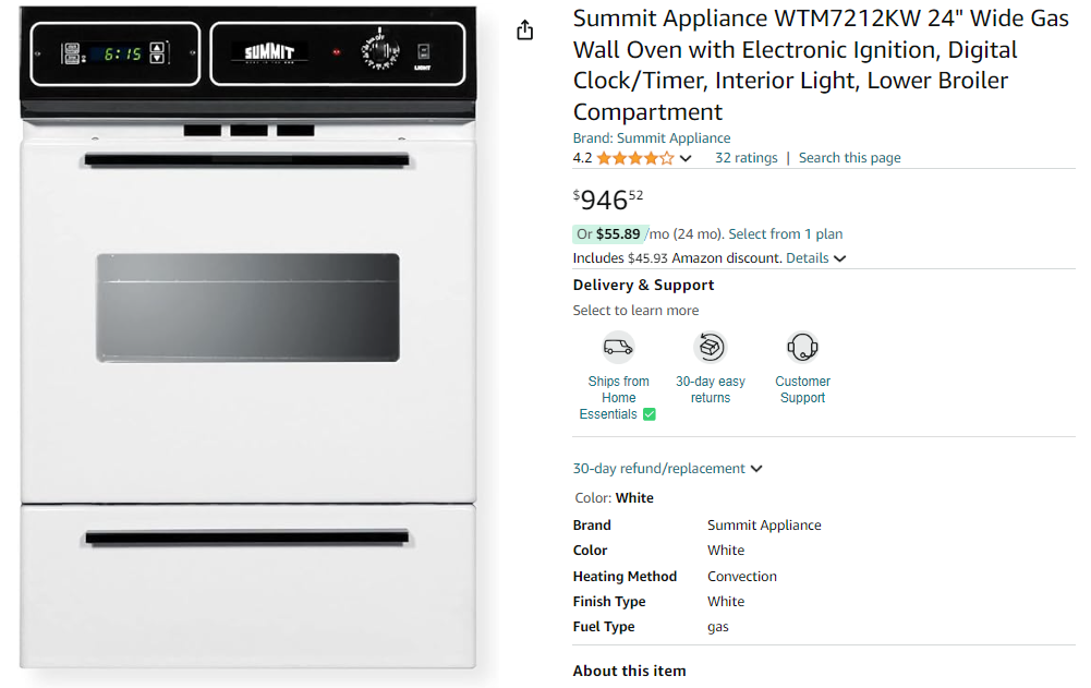 Summit Appliance WTM7212KW 24" Wide Gas Wall Oven with Electronic Ignition, Digital Clock/Timer, Interior Light, Lower Broiler Compartment