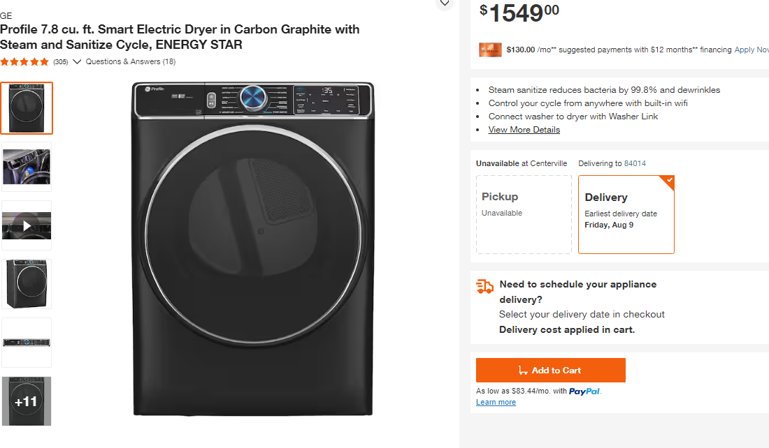 GE Profile 7.8 cu. ft. Smart Electric Dryer in Carbon Graphite with Steam and Sanitize Cycle, ENERGY STAR PFD95ESPT1DS