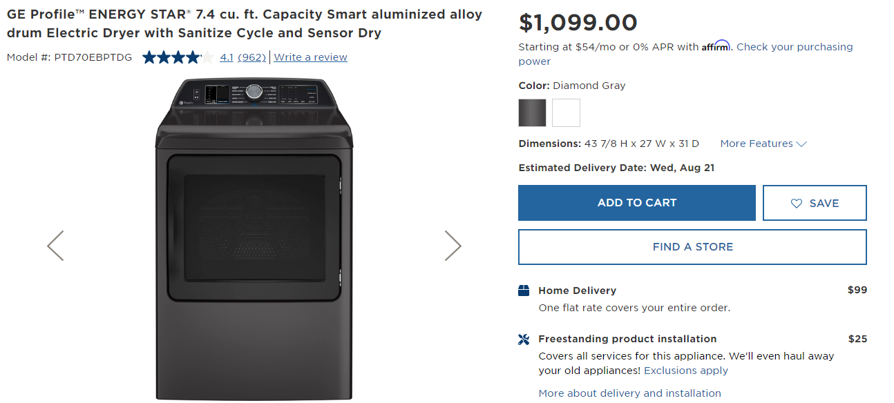 GE Profile - 7.4 cu. ft. Smart Gas Dryer with Sanitize Cycle and Sensor Dry - Diamond Gray  PTD70GBPTDG