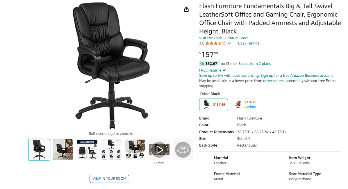 Flash Furniture Fundamentals Big & Tall Swivel LeatherSoft Office and Gaming Chair, Ergonomic Office Chair with Padded Armrests and Adjustable Height, Black