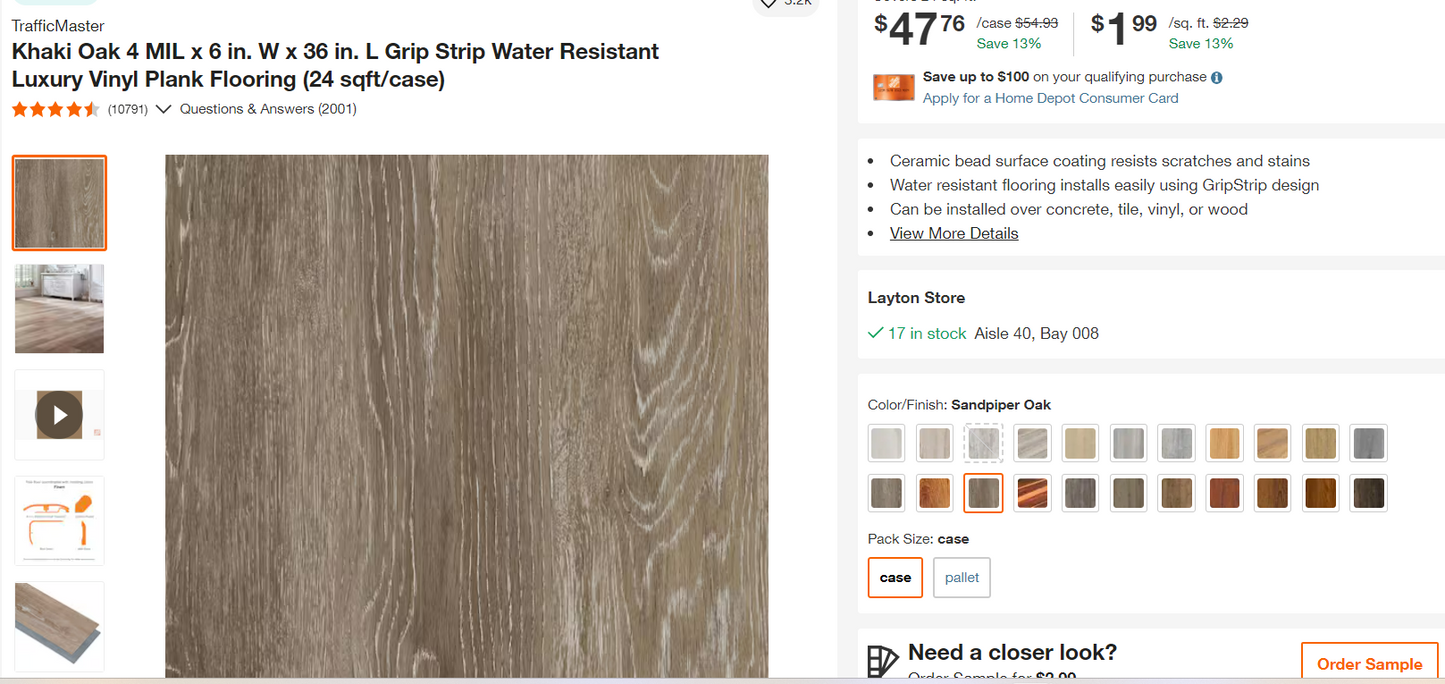 TrafficMaster Khaki Oak 4 MIL x 6 in. W x 36 in. L Grip Strip Water Resistant Luxury Vinyl Plank Flooring