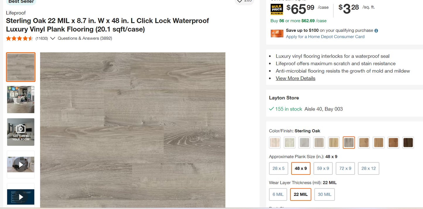 Lifeproof Sterling Oak 22 MIL x 8.7 in. W x 48 in. L Click Lock Waterproof Luxury Vinyl Plank Flooring