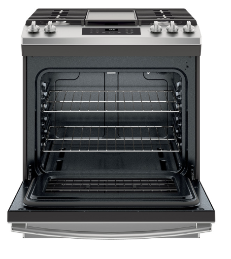 GE® 30" Slide-In Front Control Gas Range Model #: JGSS66SELSS