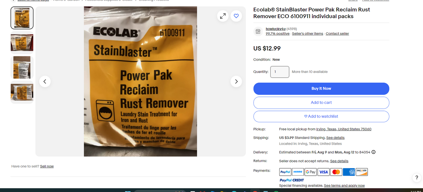 Ecolab® StainBlaster Power Pak Reclaim Rust Remover ECO 6100911 ( 12 pack )