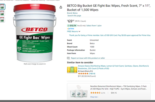 Betco GE Fight Bac Disinfectant Wipes - Wipe - 11" Width x 7" Length - 1500 / Bucket - 1 Each - White