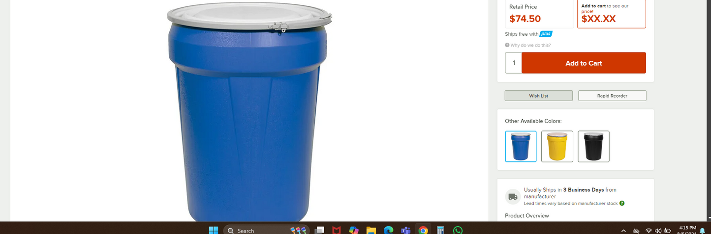 Eagle 30 Gallon High Density Polyethylene Lab Pack Barrel Drum with Metal Lever-lock Lid, 28.5" Height, 21.25" Diameter, Blue, 1601MB