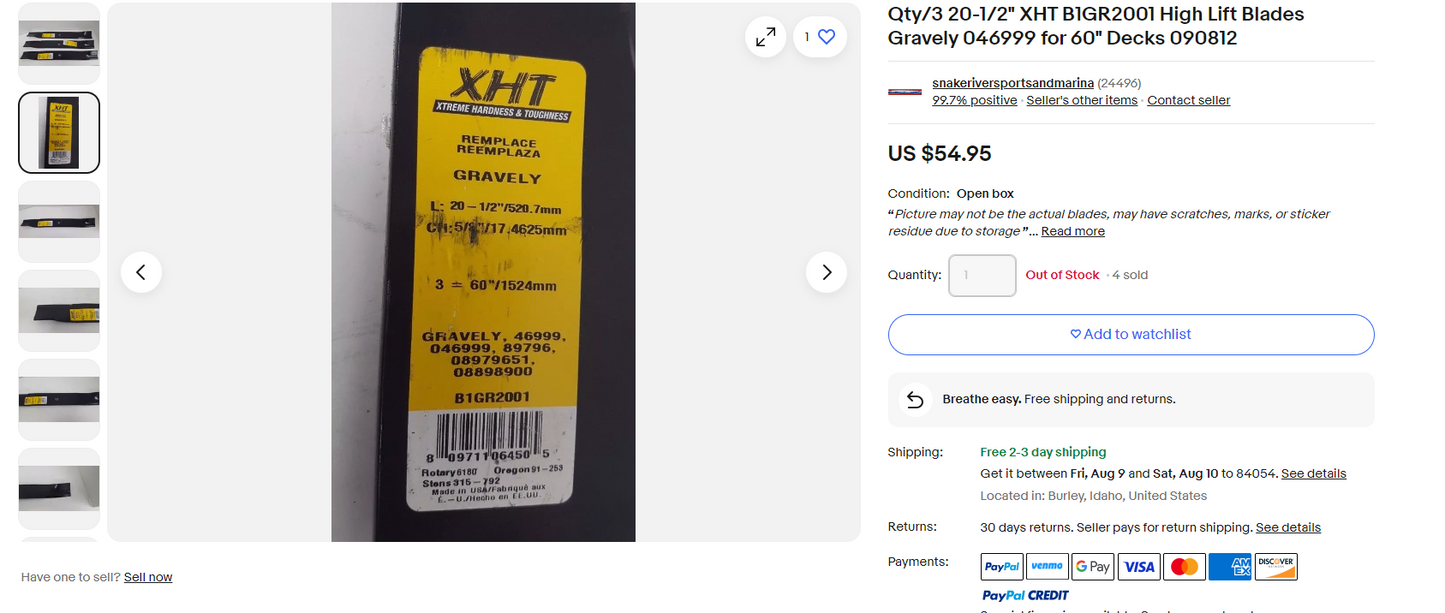 Qty/3 20-1/2" XHT B1GR2001 High Lift Blades Gravely 046999 for 60" Decks 090812