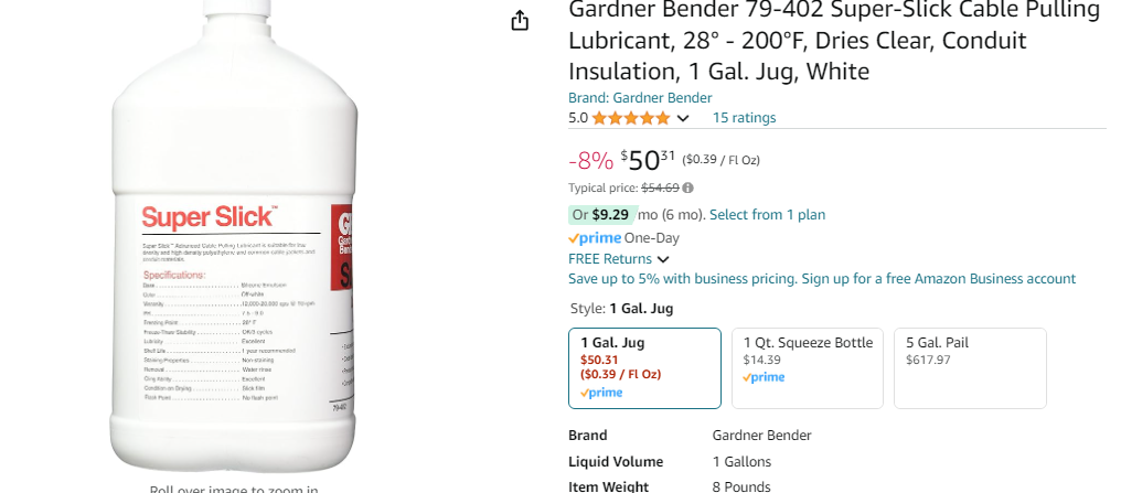 Gardner Bender 79-402 Super-Slick Cable Pulling Lubricant, 28° - 200°F, Dries Clear, Conduit Insulation, 1 Gal. Jug