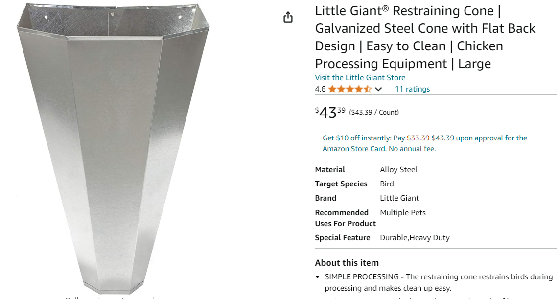 Little Giant® Restraining Cone | Galvanized Steel Cone with Flat Back Design | Easy to Clean | Chicken Processing Equipment | Large