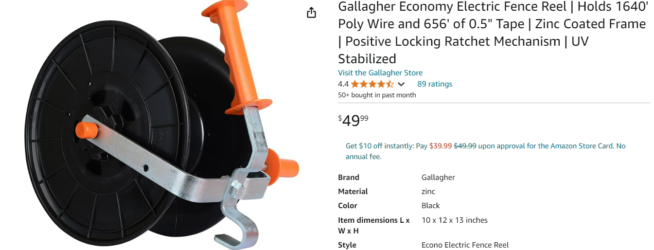 Gallagher Economy Electric Fence Reel | Holds 1640' Poly Wire and 656' of 0.5" Tape | Zinc Coated Frame | Positive Locking Ratchet Mechanism | UV Stabilized