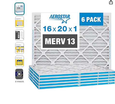 Aerostar 16x20x1 MERV 13 Pleated Air Filter, AC Furnace Air Filter, 6 Pack (Actual Size: 15 3/4"x 19 3/4" x 3/4")