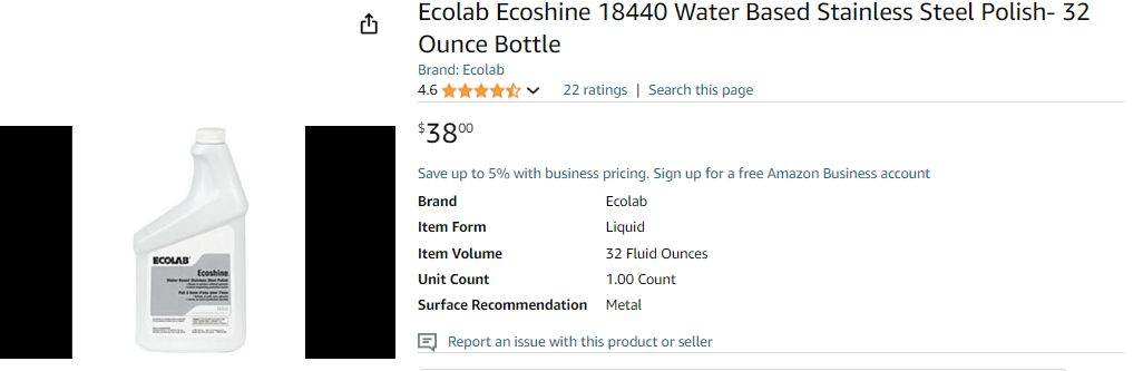 Ecolab Ecoshine 6118440 Water Based Stainless Steel Polish- 32 Ounce Bottle