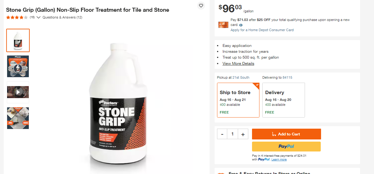 Stone Grip (Gallon) Non-Slip Floor Treatment for Tile and Stone