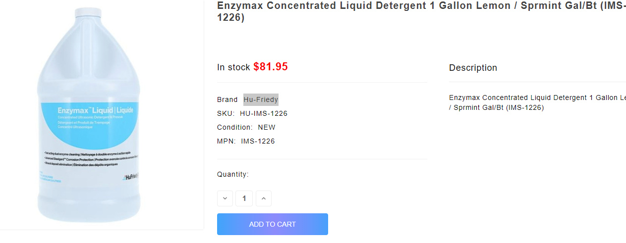 HU-FRIEDY ENZYMAX IMS-1226 LIQUID CONCENTRATED ULTRASONIC DETERGENT 1 GALLON