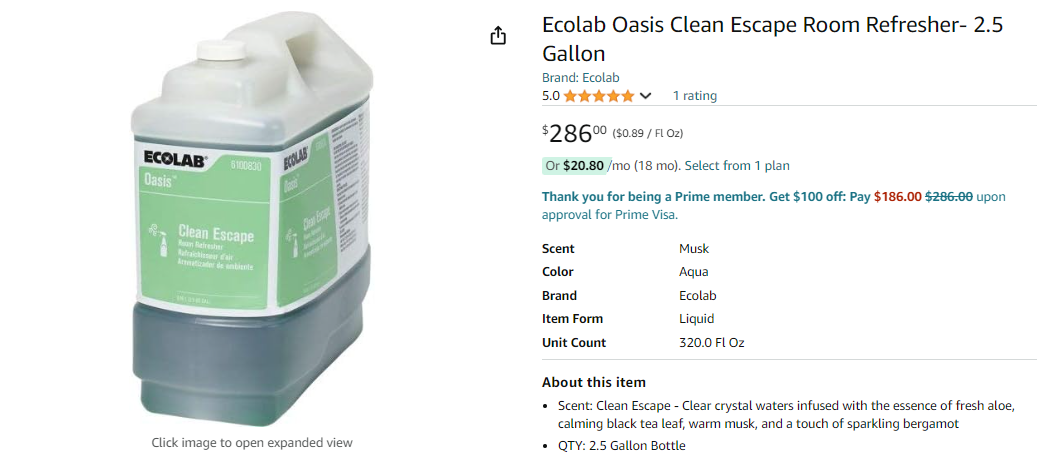 Ecolab Oasis Clean Escape Room Refresher- 2.5 Gallon