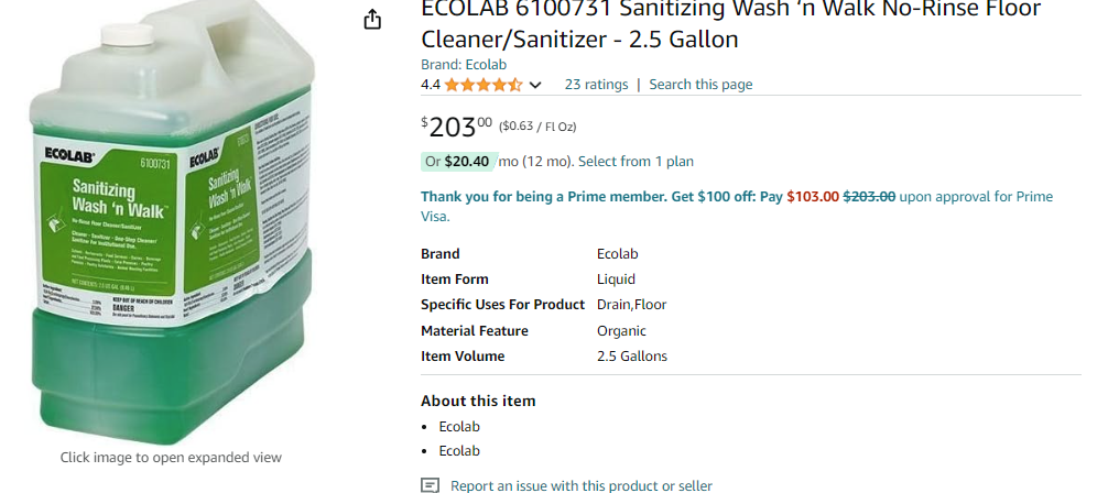 Ecolab Wash 'n Walk Sanitizing Floor Cleaner Liquid 2.5 gal.