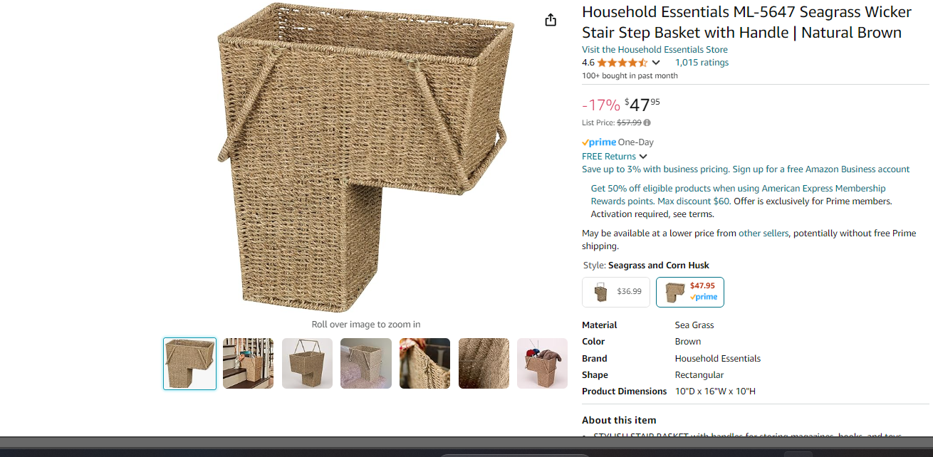 Household Essentials ML-5647 Seagrass Wicker Stair Step Basket with Handle | Natural Brown