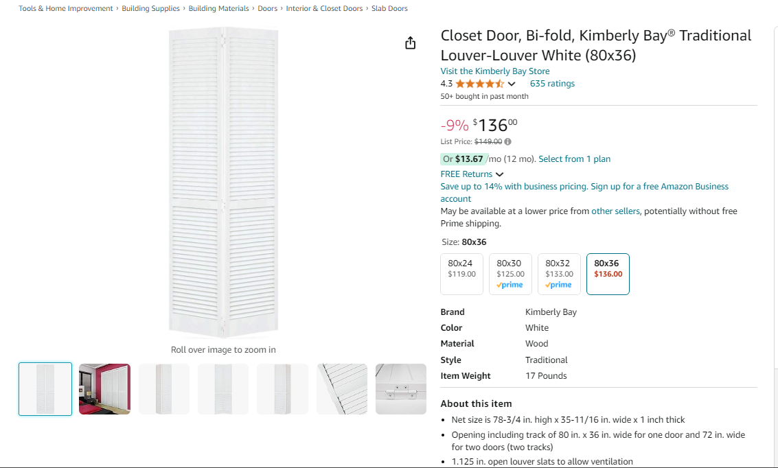 Closet Door, Bi-fold, Kimberly Bay® Traditional Louver-Louver White (80x36)