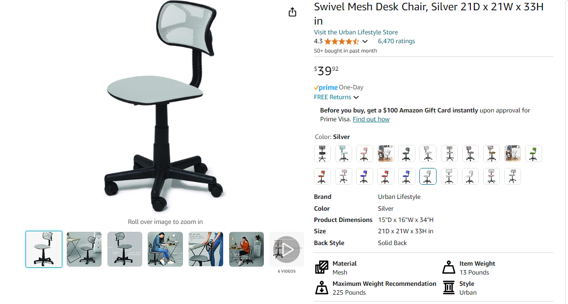 Swivel Mesh Desk Chair, Silver 21D x 21W x 33H in