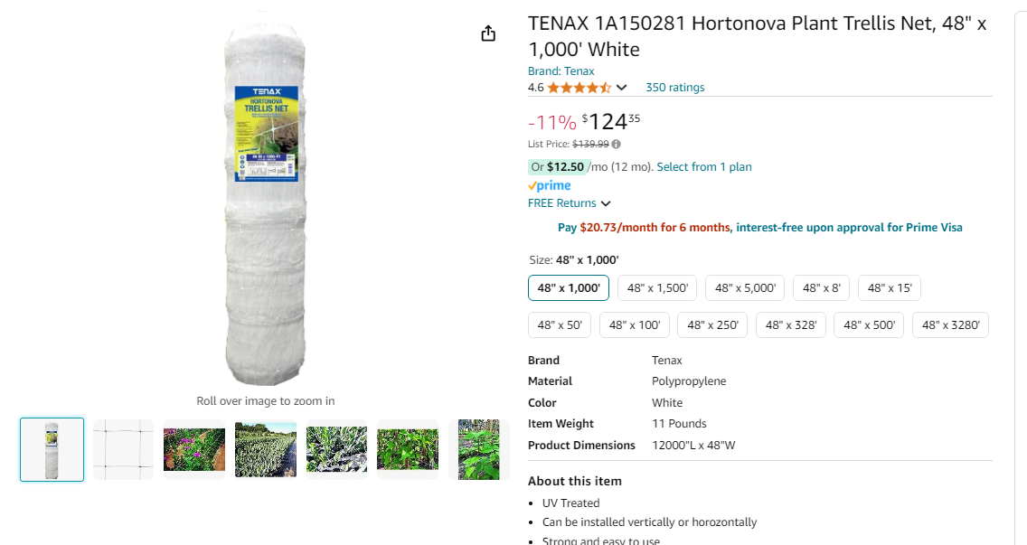 TENAX 1A150281 Hortonova Plant Trellis Net, 48" x 1,000' White