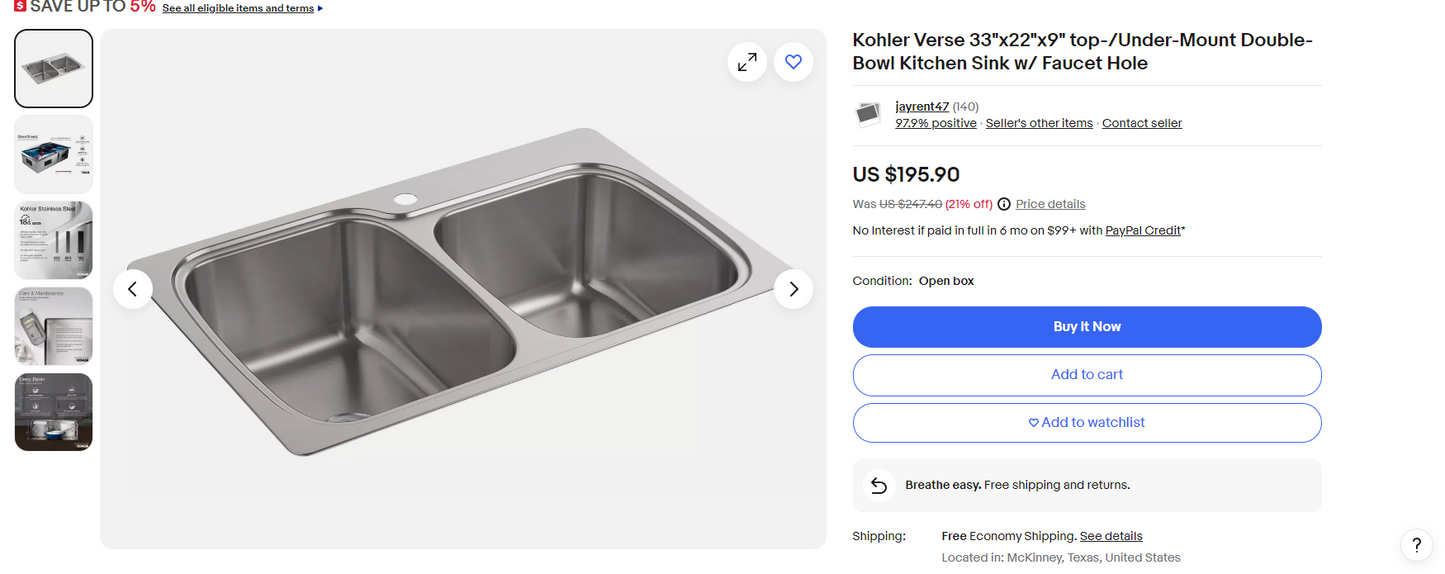 Kohler RH75791 Verse Drop-In Stainless Steel 33 in. 2-Hole Double Bowl Kitchen Sink