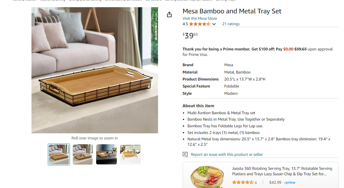 Mesa Bamboo and Metal Tray Set