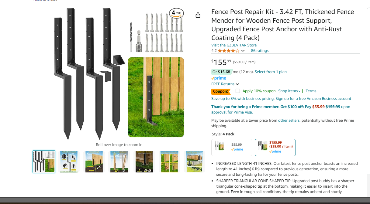 Fence Post Repair Kit - 3.42 FT, Thickened Fence Mender for Wooden Fence Post Support, Upgraded Fence Post Anchor with Anti-Rust Coating (4 Pack)