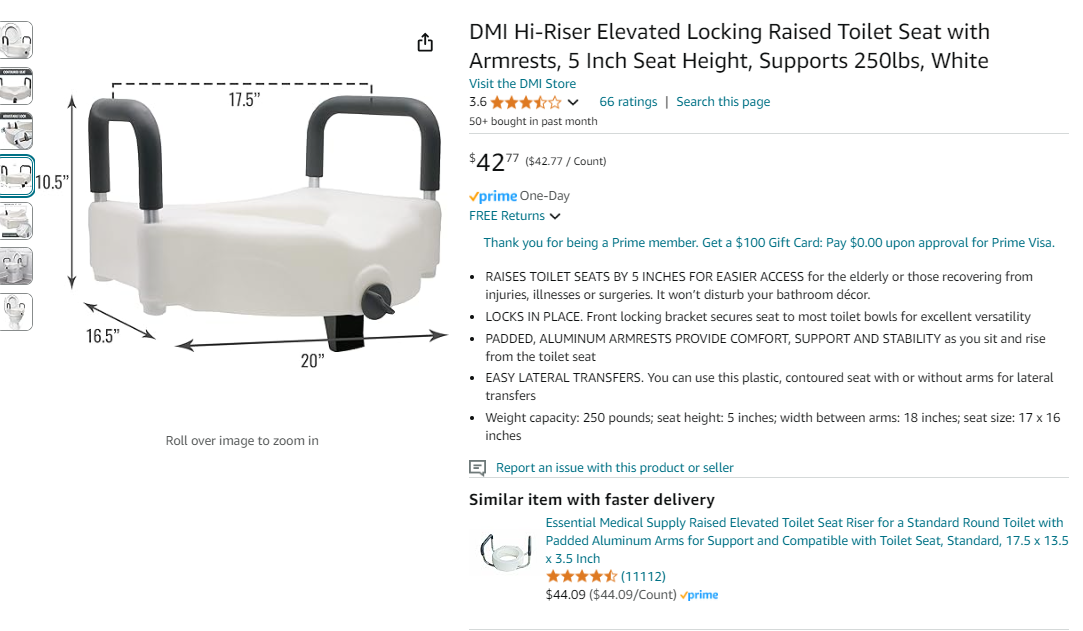 DMI Hi-Riser Elevated Locking Raised Toilet Seat with Armrests, 5 Inch Seat Height, Supports 250lbs, White