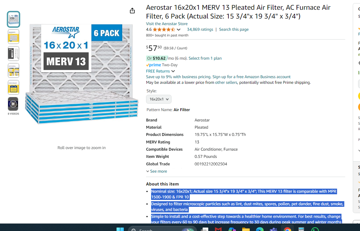 Aerostar 16x20x1 MERV 13 Pleated Air Filter, AC Furnace Air Filter, 6 Pack (Actual Size: 15 3/4"x 19 3/4" x 3/4")